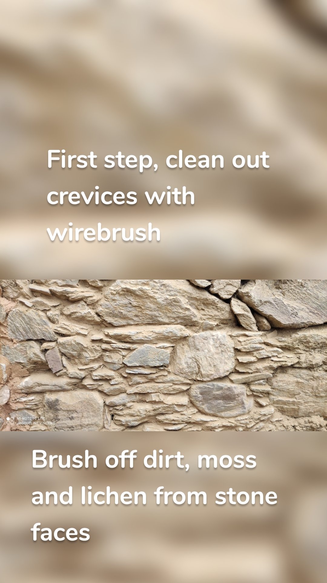 First step, clean out crevices with wirebrush Brush off dirt, moss and lichen from stone faces