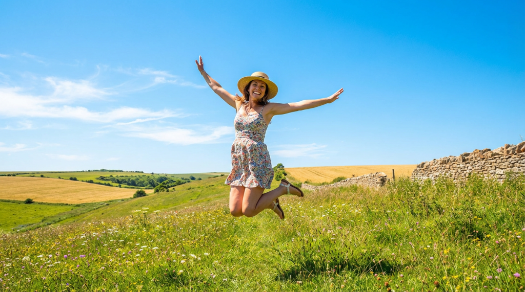Woman in floral dress and straw hat jumping in a wildflower field with hills behind.